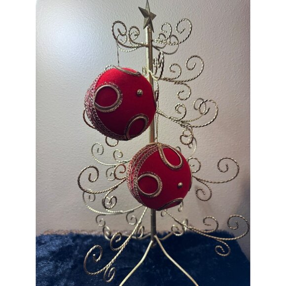 Vintage West Germany Koestel Christmas Ornaments 5 " BALL Red Velvet Gold Set - Picture 1 of 11